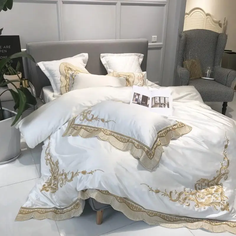 Фиолетовый Белый Вышивка Duvet Стёганое одеяло роскошные постельные принадлежности мягкие постельное бельё из египетского хлопка листов простыня набор King queen размер 4/7 шт