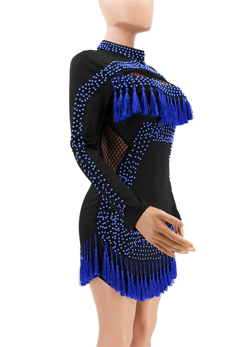 

2019 European And American New Style Women's High-End Fashion Blue Black Beading Tassel Lace Cutout Fringed Sheath Mini Dress