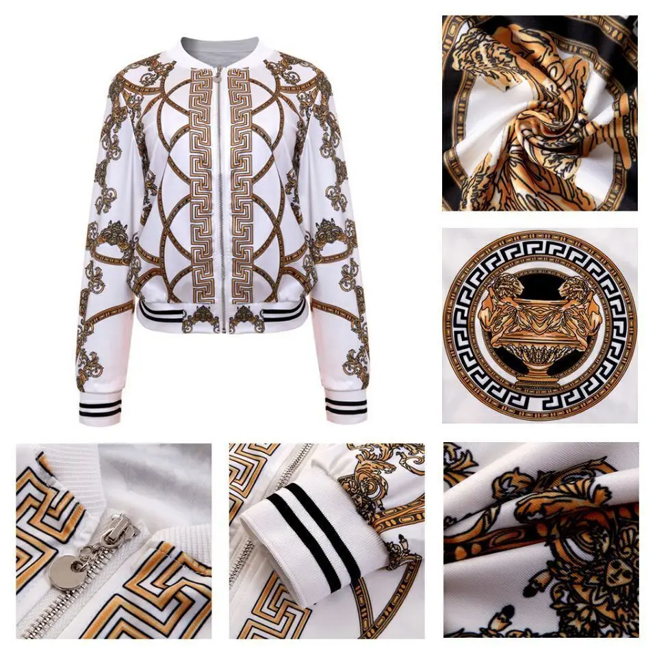 Feiterawn 2018 Autumn Winter Print Slim Jacket White Black Stand Collar Long Sleeve Fashion Jackets Women Zipper Female Tops | Женская