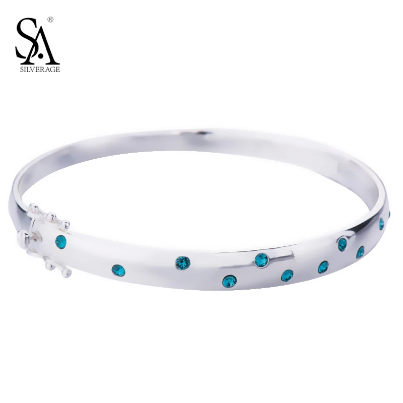Sa silverage 925 серебро Браслеты Для женщин Мода Дизайн браслет с голубым камнем чистый