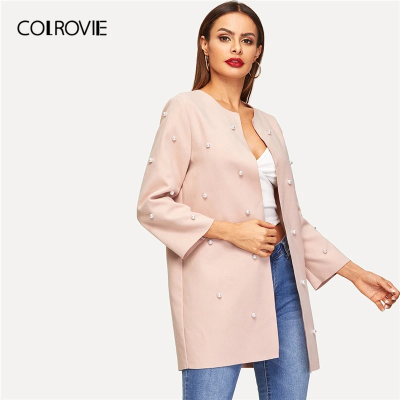 COLROVIE розовое однотонное Элегантное длинное пальто с открытым передом и жемчужинами, женская одежда, весна, корейское пальто, женские вечерние пальто, верхняя одежда