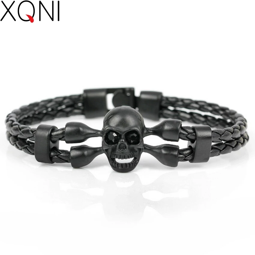 

XQNI Brand Pop Skull Leather Men Bracelet High Quality Popular Boys Courage Knighthood Skeleton Male Charm Bracelet Jewelry