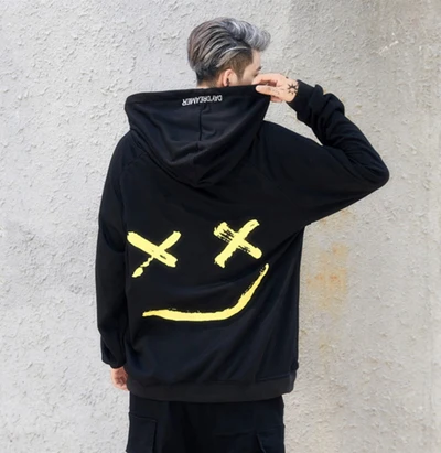 Us size S-XL Usa Men Hoodies Sweatshirts Smile Print Patchwork Headwear Hoodie Hip Hop Streetwear Clothing Streetwear L255 - Цвет: black