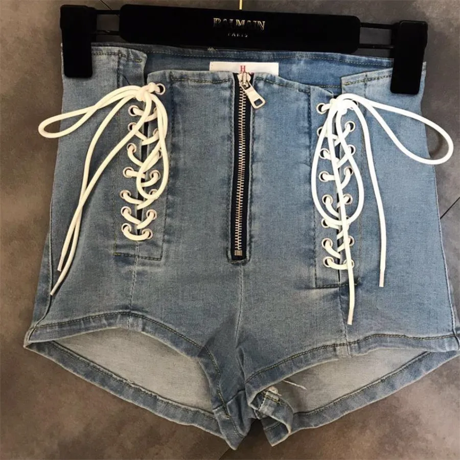 

2019 Summer European Sexy High Waist Jeans Ins New Style black blue Plain Fringed Bandage Denim Shorts H180