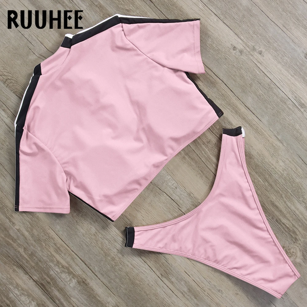 RUUHEE, короткий рукав, бикини, купальник для женщин, спортивный купальник, топ, Бразильский бикини, набор, на молнии, пляжная одежда, купальный костюм с высокой посадкой