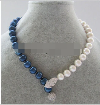 

Beautiful 10mm white & blue round sea shell pearl necklace 20"