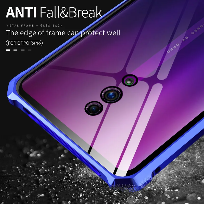 Luxury Aluminum Metal Armor Case For OPPO Reno Shockproof Transparent Clear Glass Back Cover Bumper etui |