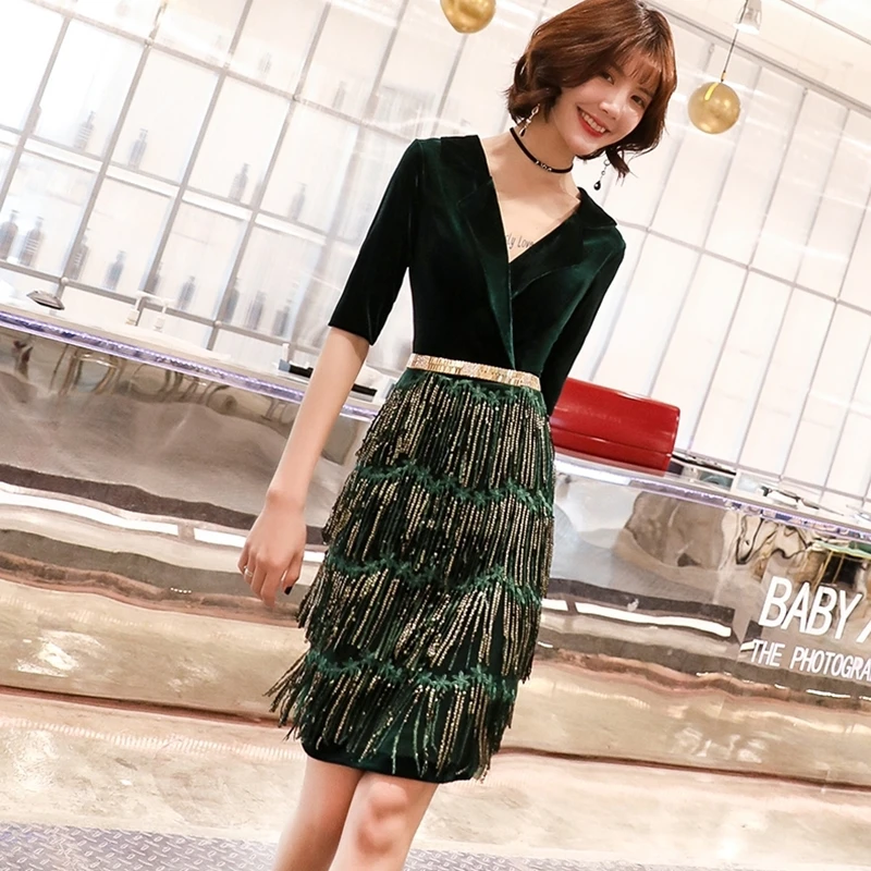 Платье с пайетками Ленточки Короткие коктейльные платья Vestido De Soiree V образным вырезом с коротким рукавом темно-зеленое вечернее платье для выпускного, коктейльной вечеринки платье TS1130