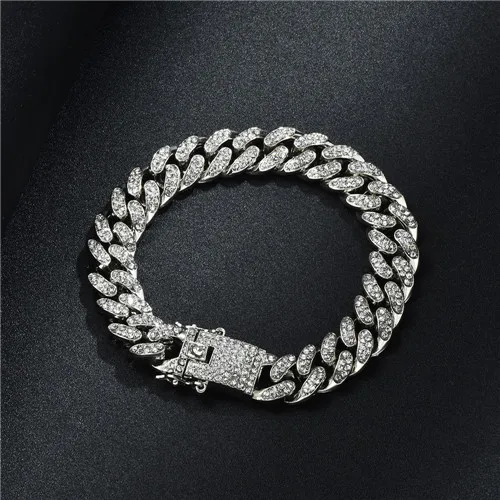 Silver Bracelet Хип-хоп, 13 мм, кубинское звено, цепочка, ожерелье, браслет, Iced Out, золото, серебро, украшение с прозрачными стразами для Мужчин, Ювелирные изделия - Окраска металла: Silver Bracelet