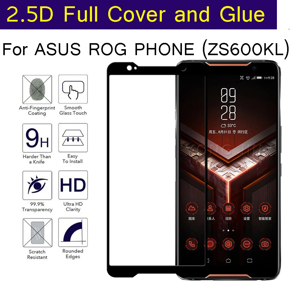 2.5D полное покрытие для ASUS ROG PHONE ZS600KL Premium HD тонкое Закаленное стекло Защитная