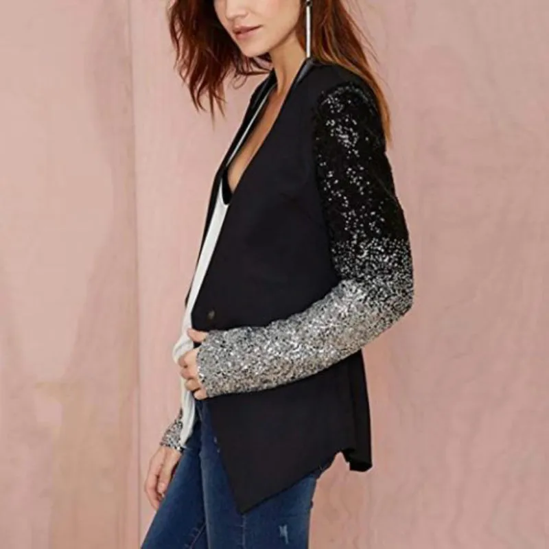 Женщина блейзер ол тонкий куртка с длинными рукавами Sequins женские Топы короткий кардиган блузка