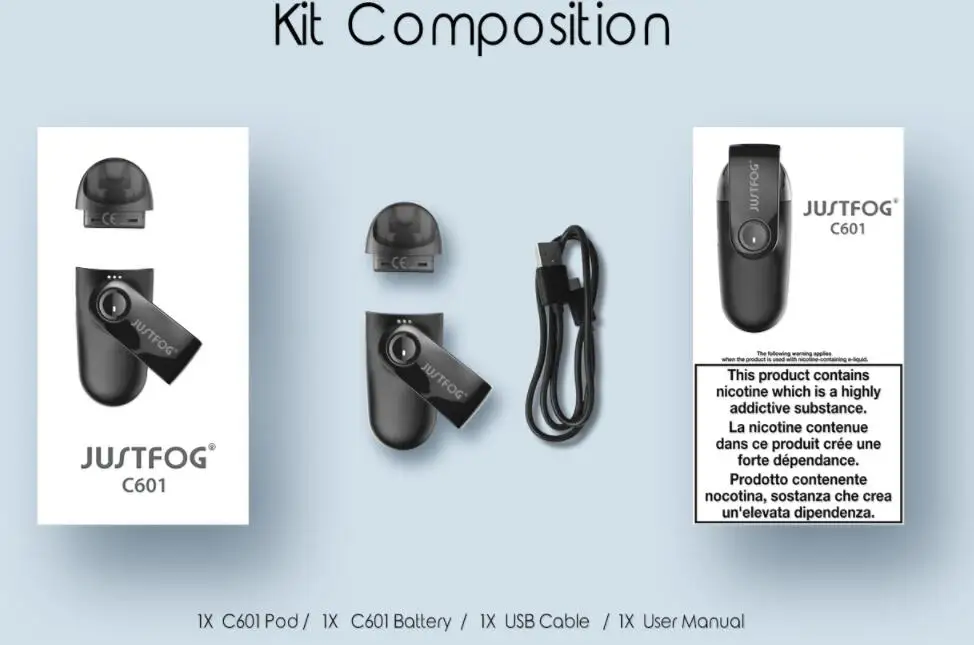 Оригинальный набор Justfog C601 Pod с аккумулятором 650 мА · ч вейп пером и многоразовым