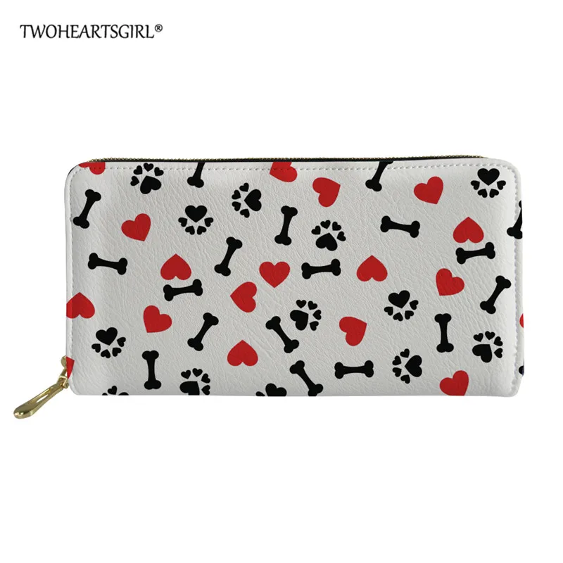 

Twoheartsgirl Dog Paws Print Leather Women Wallets Lady Moneybags Zipper Coin Purse Woman Wallet Money Cards ID Holder Bag