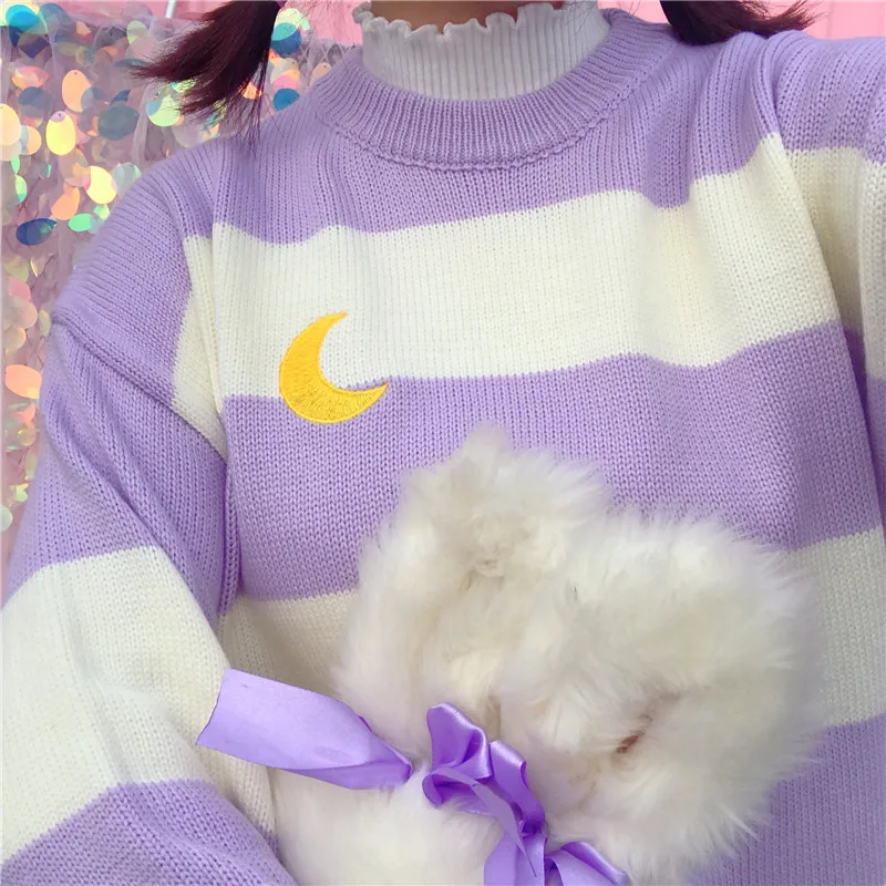 Harajuku модные женские туфли свитер сладкий Карамельный цвет полосатый вязаный свитер Симпатичные Луна вышивка хлопок Для женщин пуловер свитер