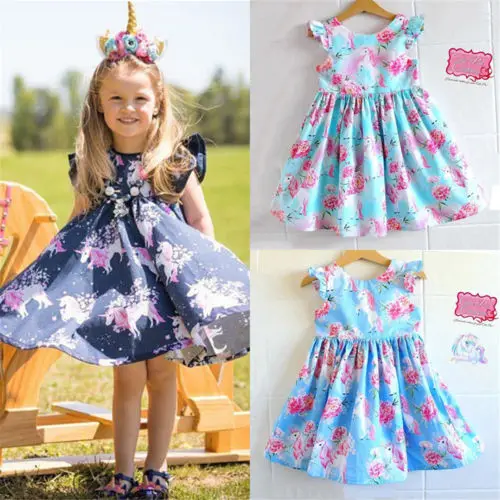 2019 New Unicorn Dress Toddler Kids Baby Girl Floral Party Pageant Beach Children Sleevless Sundress Clothes | Детская одежда и