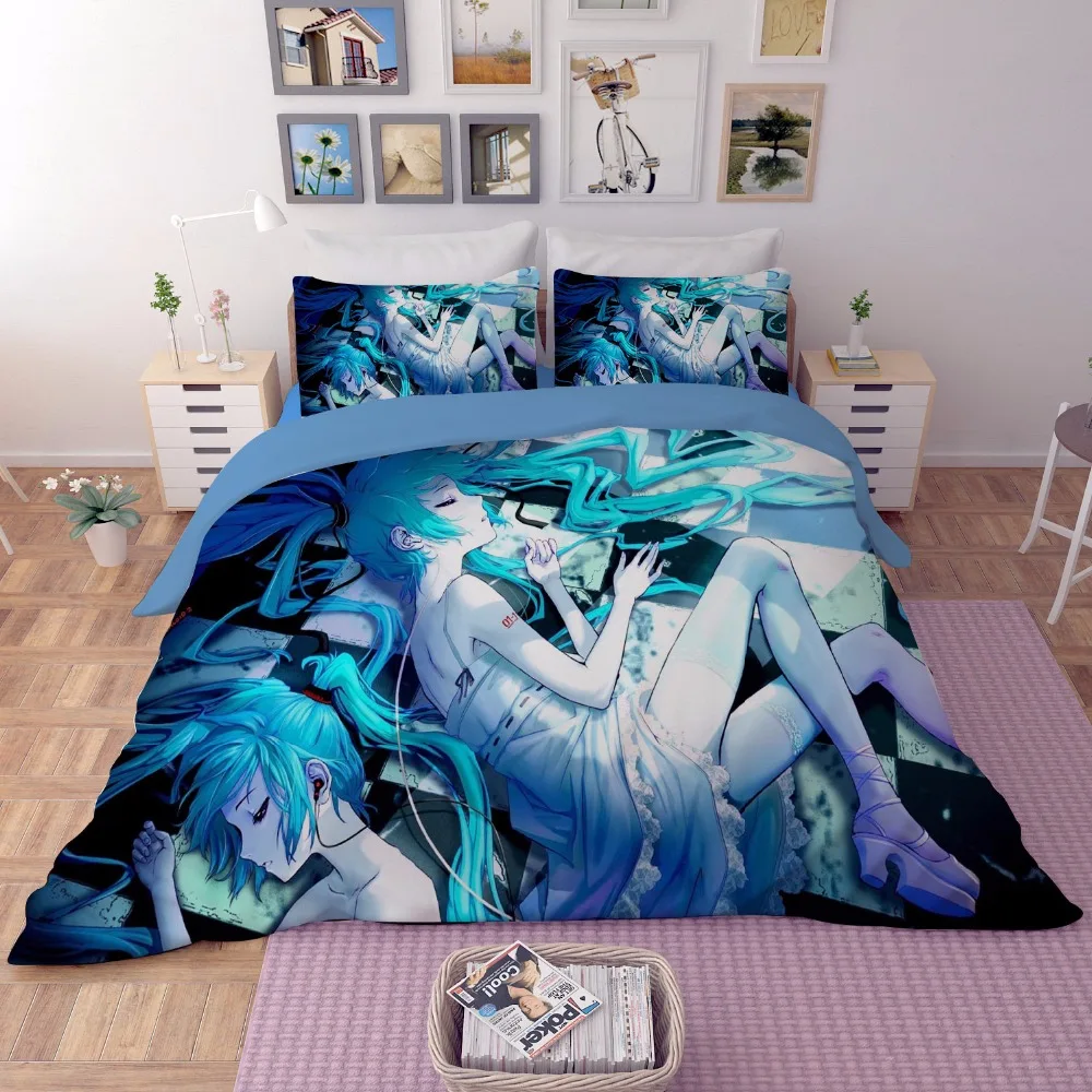 Японское аниме яркий 3D Hatsune Miku постельное белье Простыня принт мультяшный пододеяльник Мягкая Наволочка Твин Полный Королева Король Размер