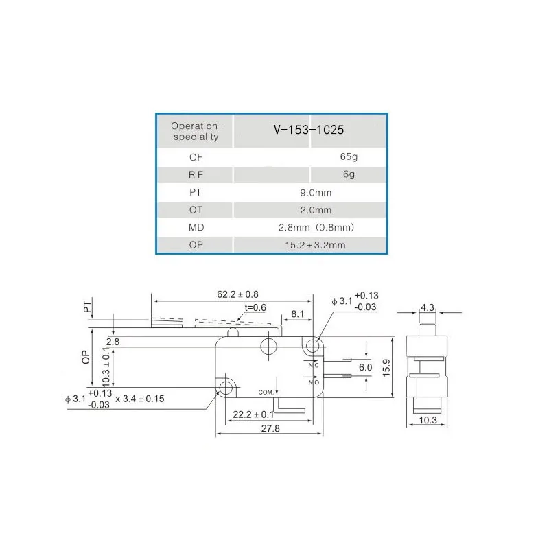 10Pcs Long Straight Hinge Lever SPDT Micro Limit Switch V-153-1C25 |
