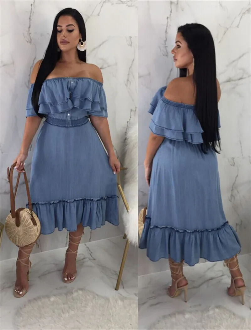 Элегантное мягкое лоскутное джинсовое платье vestidos женское с открытыми плечами и