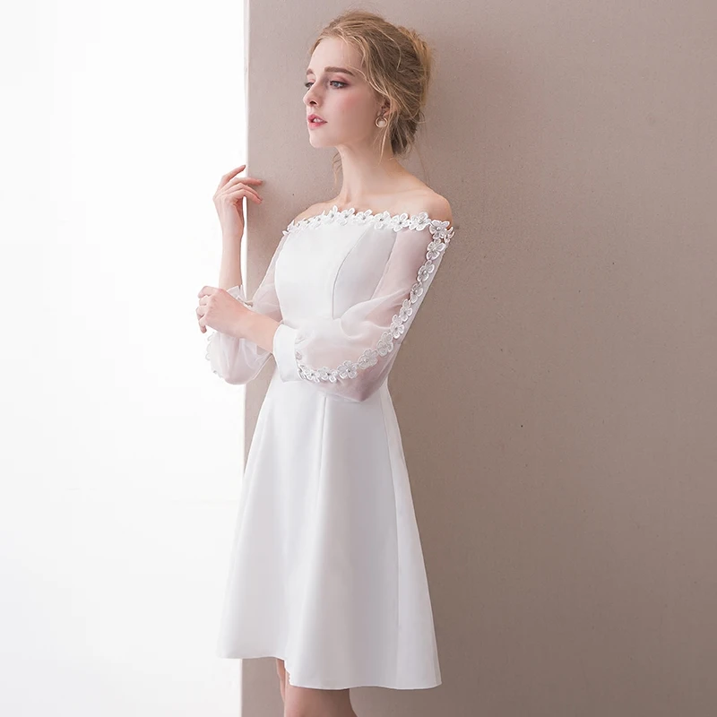 SSYFashion Новые короткие простые коктейльные платья белый вырез лодочкой с длинными