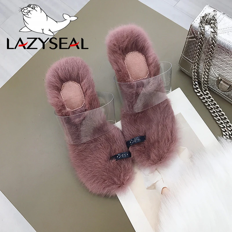 LazySeal меховые шлепанцы на высоком каблуке; женские летние меховые Вьетнамки; прозрачные женские шлепанцы; пляжные шлепанцы с открытым носком