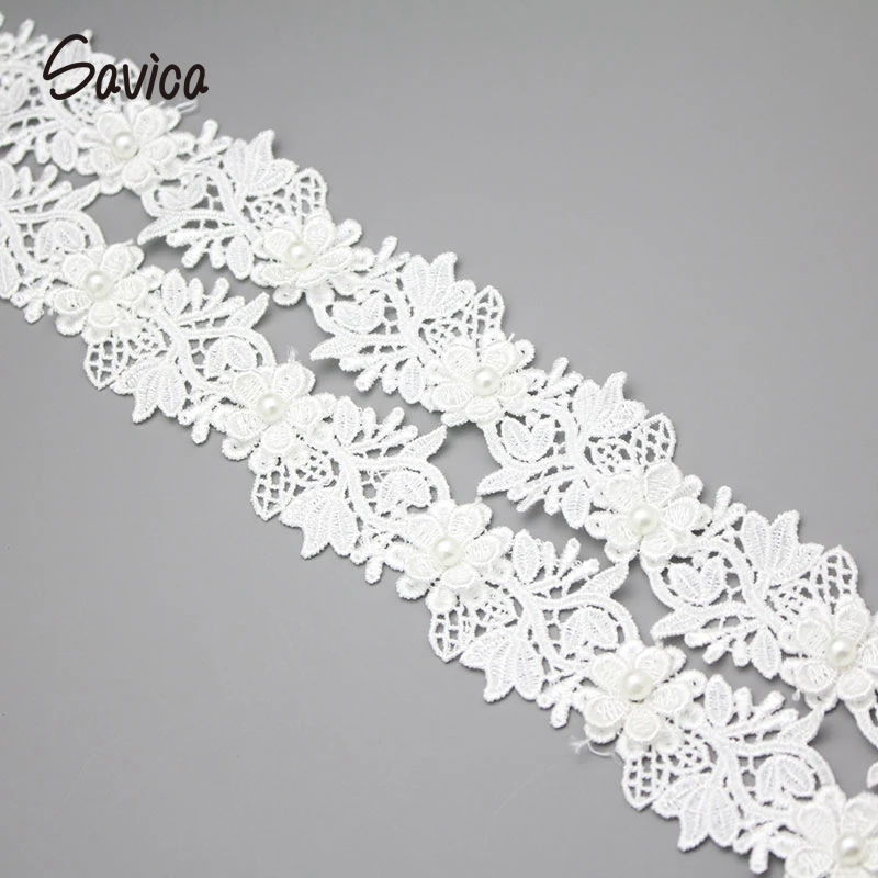 Savica 2y/lot 2cm Pearls Embroidery 3D Flowers Lace Dolls Dress Decor Applique Fabric White Trim Sewing DIY Materials LX191 | Дом и сад