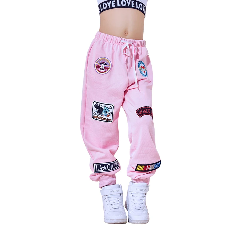 Новые модные черно-розовые брюки для джазового танца для детей, брюки хип-хопа для улицы, костюмные штаны, широкие повседневные спортивные брюки DL2469.