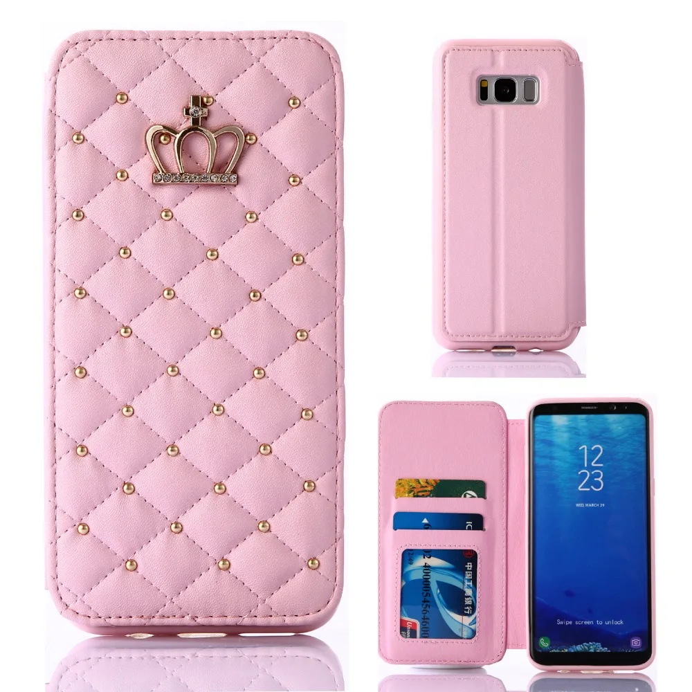Phone Bag With Card Slots For Samsung Galaxy S8 S9 Plus S6 S7 Edge Flip Stand Cover Glitter Crown Diamond Wallet Leather Case | Мобильные