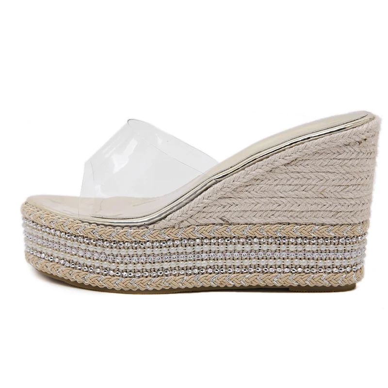 2019 г. Женские летние босоножки на танкетке тканые шлепанцы с веревкой золотые