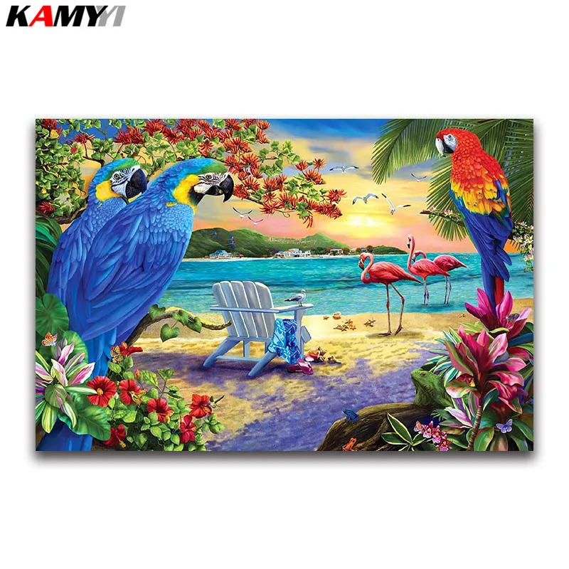 Parrot 5D DIY Алмазная вышивка фламинго полностью квадратная мозаика пляжный цветок