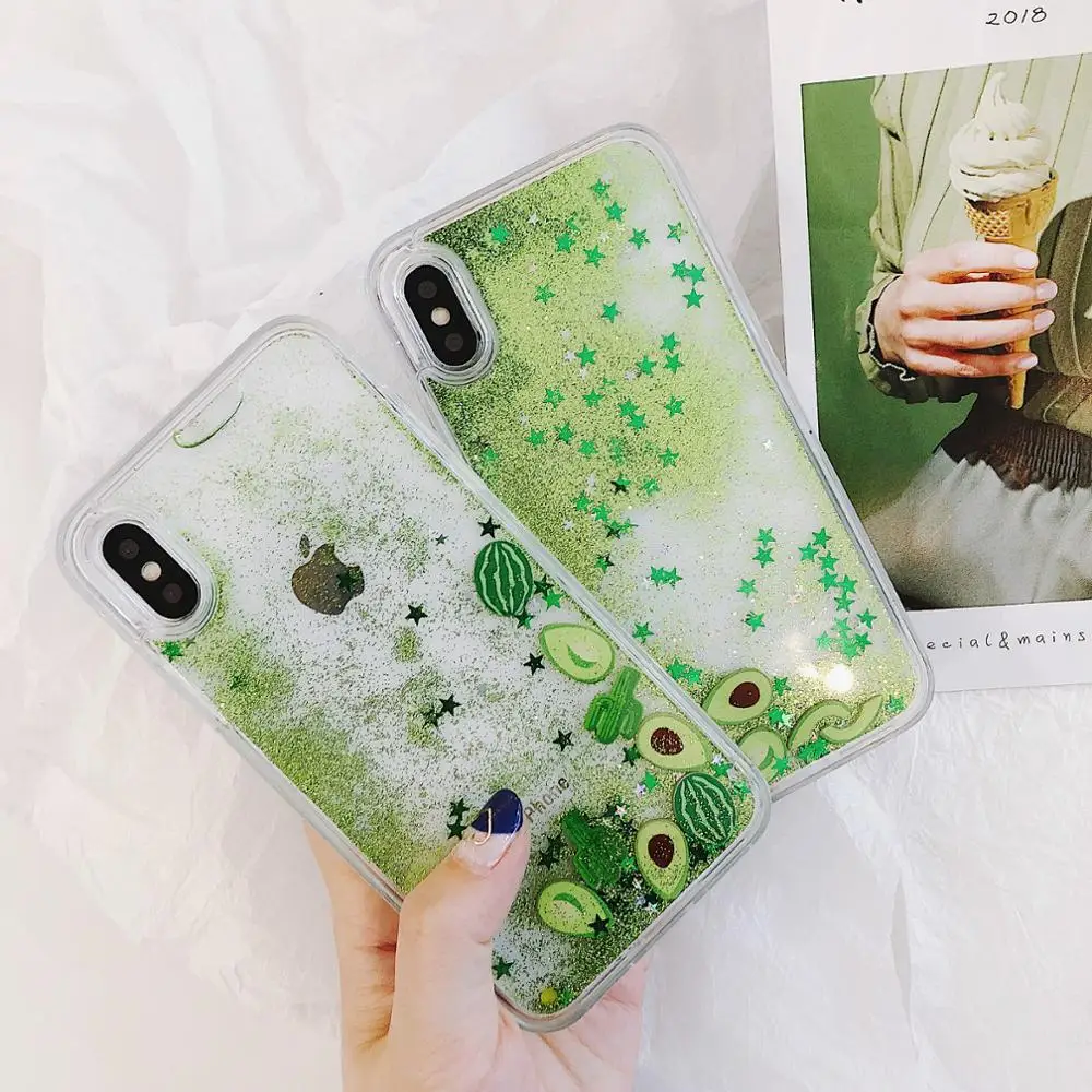 Fresh Quicksand Case For iPhone X 7 8 Phone 6 6s Plus XR XS Max Bling Dynamic Watermelon Avocado Cactus Capa |