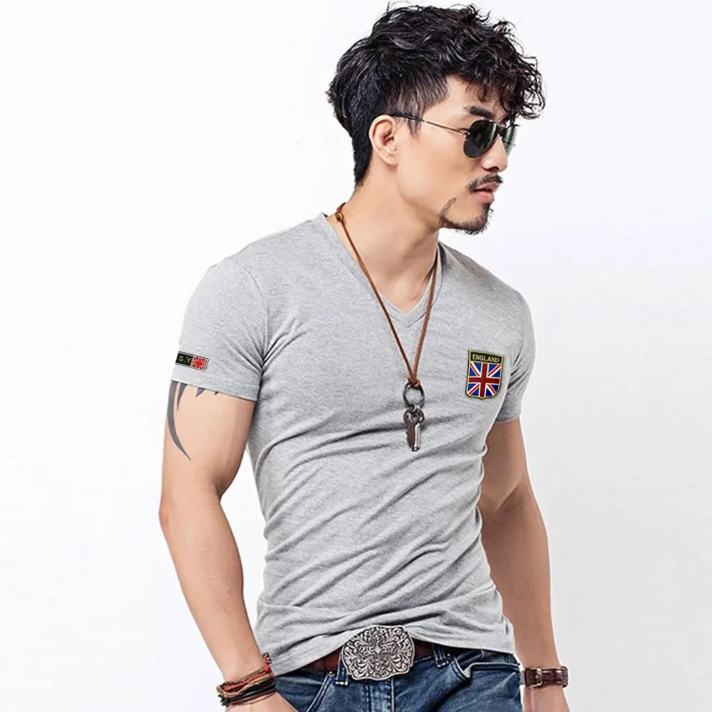 Мужская хлопковая футболка с V образным вырезом вышивкой|flag t shirt|brand shirt ment men |