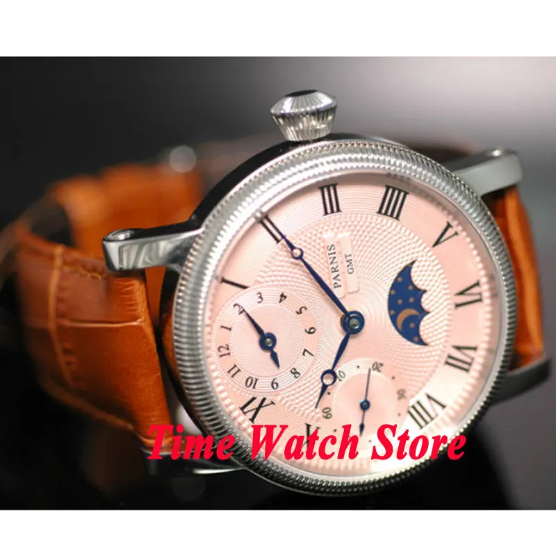 

Parnis watch 42mm pink dial Roman numerals marks Moon Phase GMT Mechanical hand wind movement Men's watch 61