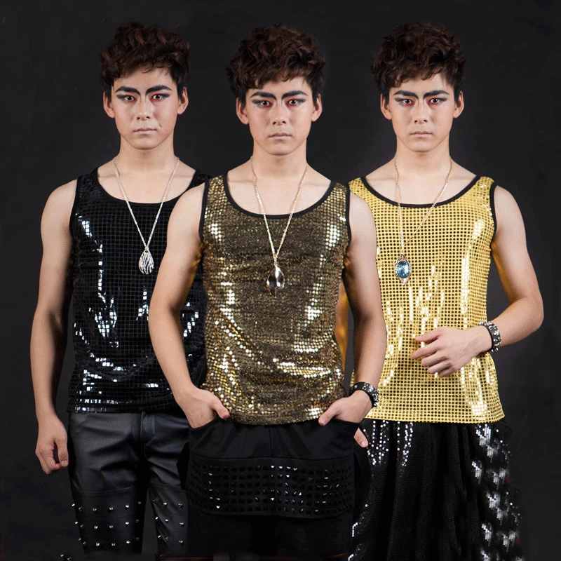 

Jazz Dance Tops Men Sequin Nightclub Singers Vest DJ DS Gogo Hip Hop Dancer Stage Outfit Sleeveless Performing Clothes DNV10462