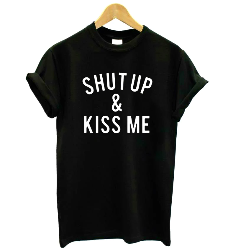 Футболка женская хлопковая с принтом Заткнись и Kiss Me повседневная забавная для