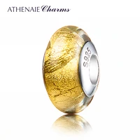 athenaie genuine murano glass 925 silver core gold foil charm bead fit european charms bracelets color yellow jewelry