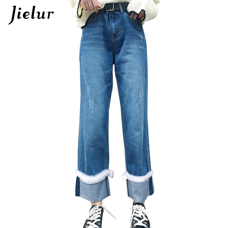 Jielur Harajuku Kawaii меховые манжеты широкие джинсы в Корейском стиле новые милые с