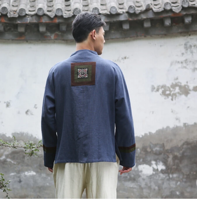 

Autumn and winter chinese style retro frog patchwork embroidery casual pure linen cardigan men's outer coat jacket with pocket