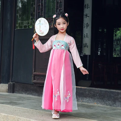 Китайский традиционный костюм Тан hanfu/платье для девочек; китайский национальный костюм; платье феи; Детский костюм Тан; Детский костюм для народных танцев - Цвет: B-RoseRed-LongSleeve