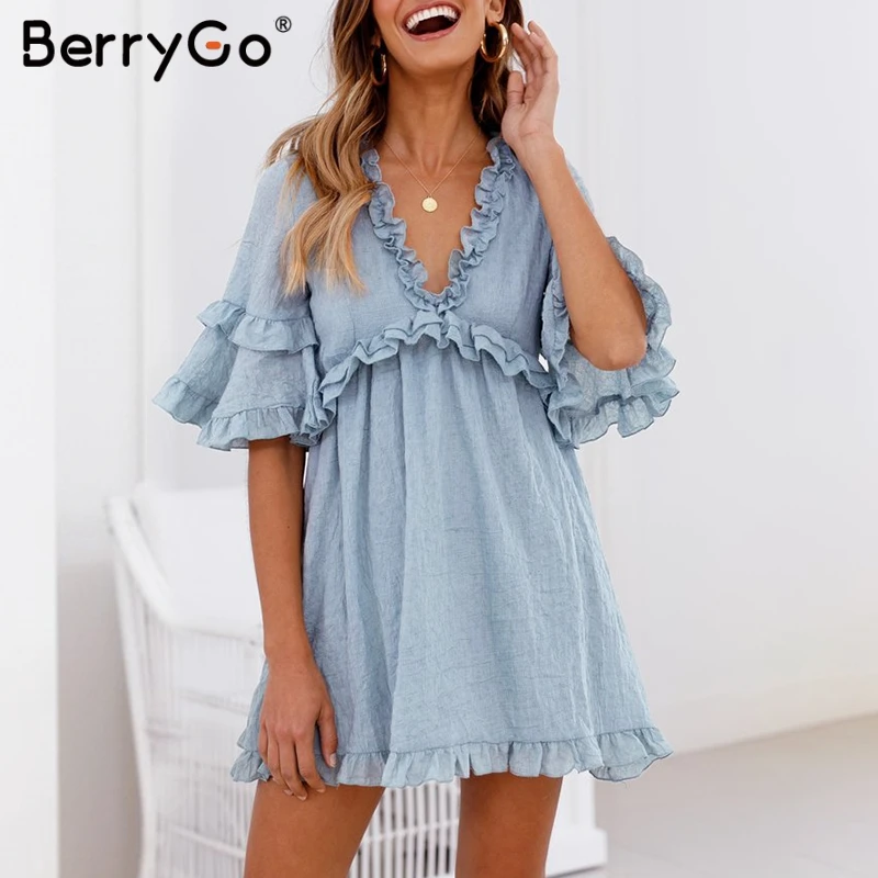 Женское платье с коротким рукавом BerryGo мини треугольным вырезом 2019 | Женская