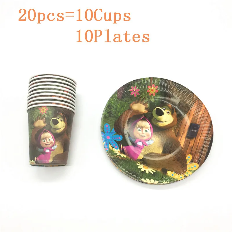 BeiPan 20pcs 20 шт/40 шт Маша и Медведь тема Девушка День Рождения мультфильм бумажная чашка+ тарелка фестиваль для свадьбы или «нулевого дня рождения» посуда поставка - Цвет: BeiPan 20pcs