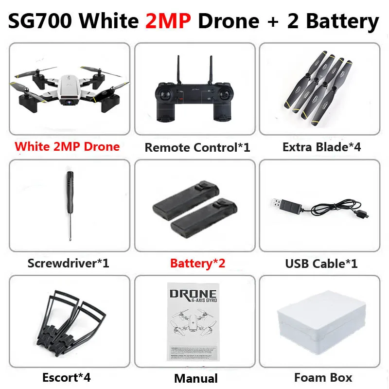 2MP White 2B Foam SG700 Профессиональный складной Дрон с камерой 2MP HD WiFi FPV контроль скорости удержания высоты RC Квадрокоптер Вертолет игрушка XS809 E58 - Цвет: 2MP White 2B Foam