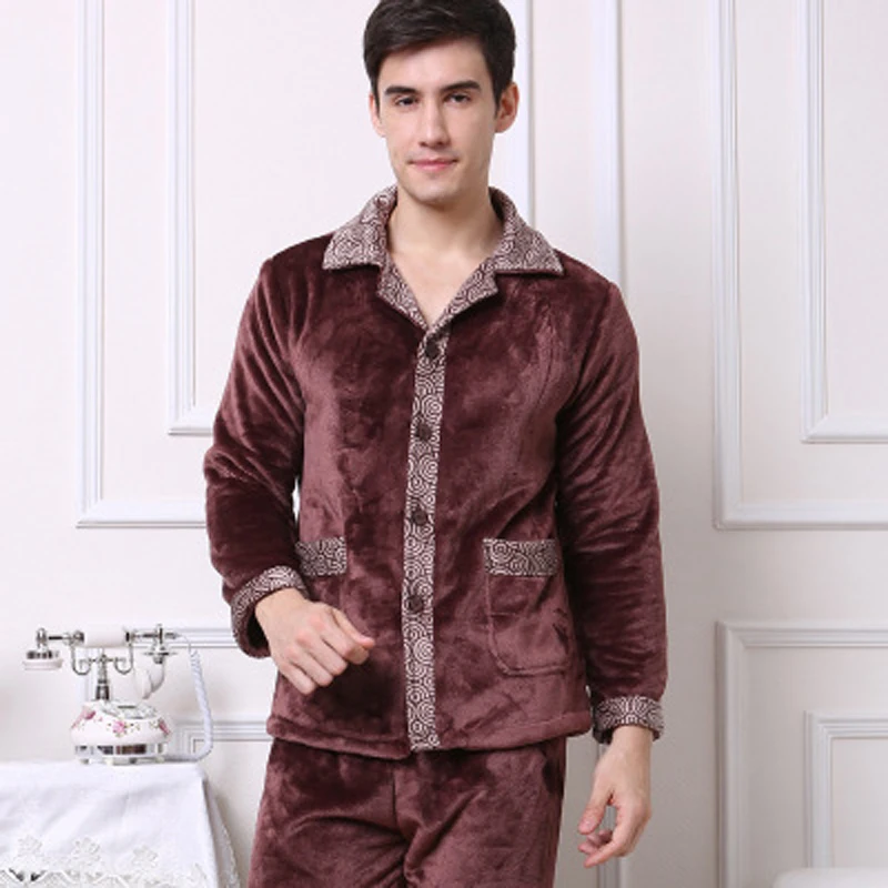Winter Men's Pajamas Long Sleeve Sleepwear 100% Flannel Solid Men's Sleepwear Home Lounge Pajama Sets Plus size Sleepwear