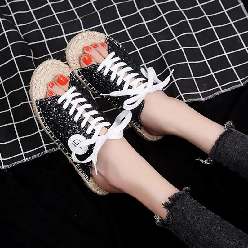 2019 Women's Slippers Bling Hemp rope insole Lady Slipper Summer Flat Sandals Vacation Beach Casual Shoes Flip Flops | Обувь