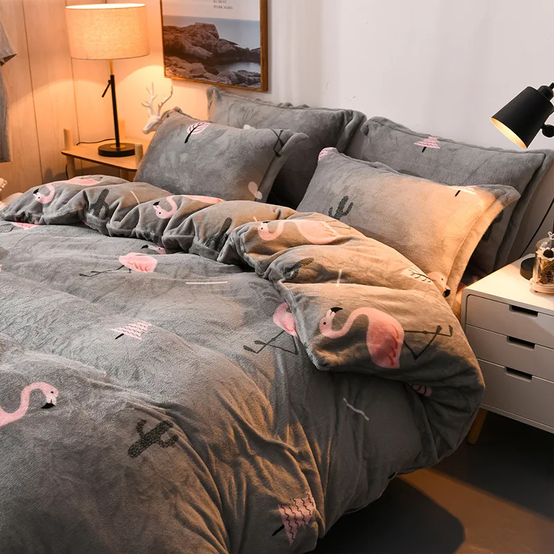 Bedding thickening plus velvet printing warm flannel four-piece three-piece | Дом и сад