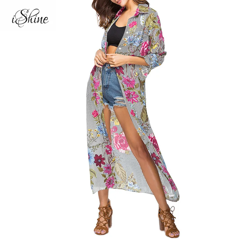 2018 Повседневный женский полосатый с цветочным принтом Длинные рубашки Блузка