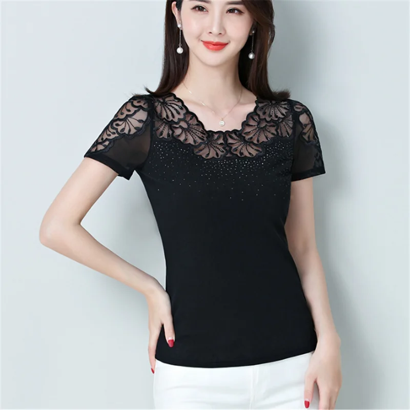 XXXXL сетки вышитые кружева алмаз Camisetas Mujer 2018 летняя футболка Для женщин с горный