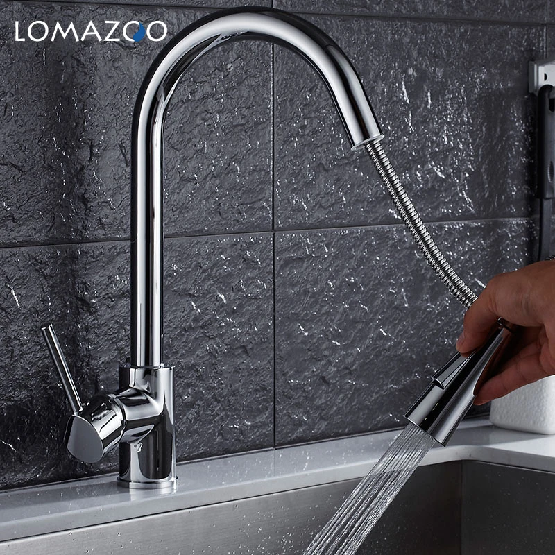 LOMAZOO Telescopic Rotatable Kitchen Faucet Bathroom Sink Gold Waterfall Single Handle Brass Rotate | Обустройство дома