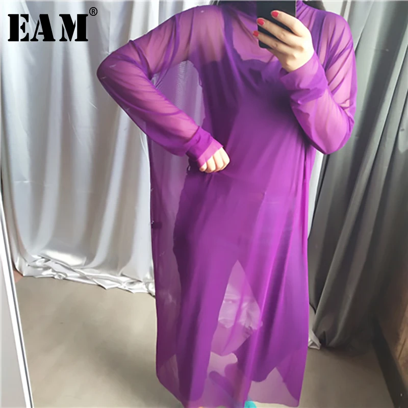 [EAM] New Autumn Winter High Collar Long Sleeve Black Mesh Perspective Colorful Long Big Size Dress Women Fashion JU790