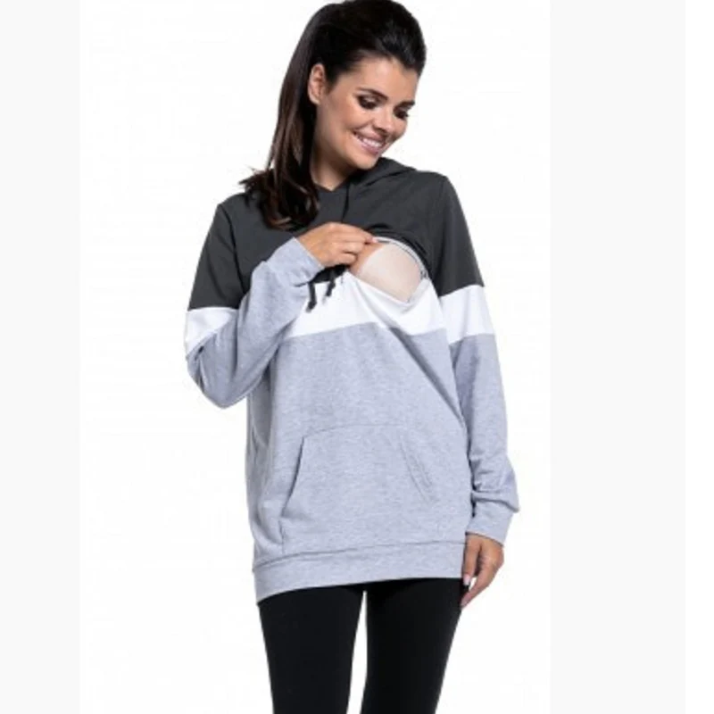 Dark grey Sunbaby/ Весенняя модная одежда для беременных; зимняя разноцветная толстовка с капюшоном в стиле пэчворк для женщин; топ с длинными рукавами для кормления; S1206 - Цвет: Dark grey