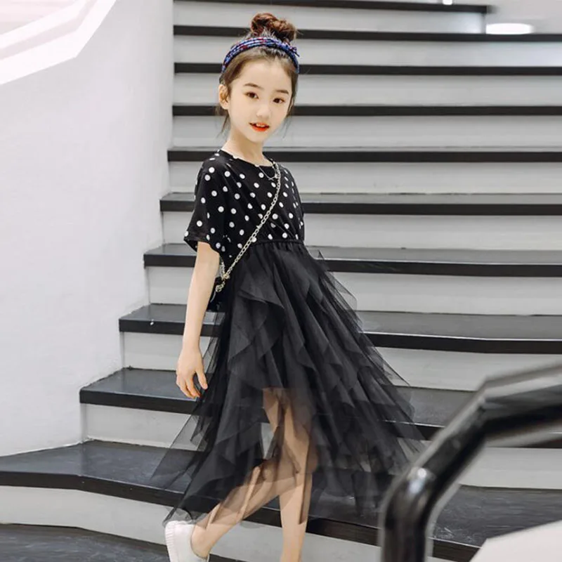 2019 г. Новая летняя детская одежда корейское Хлопковое платье в горошек сеточные с